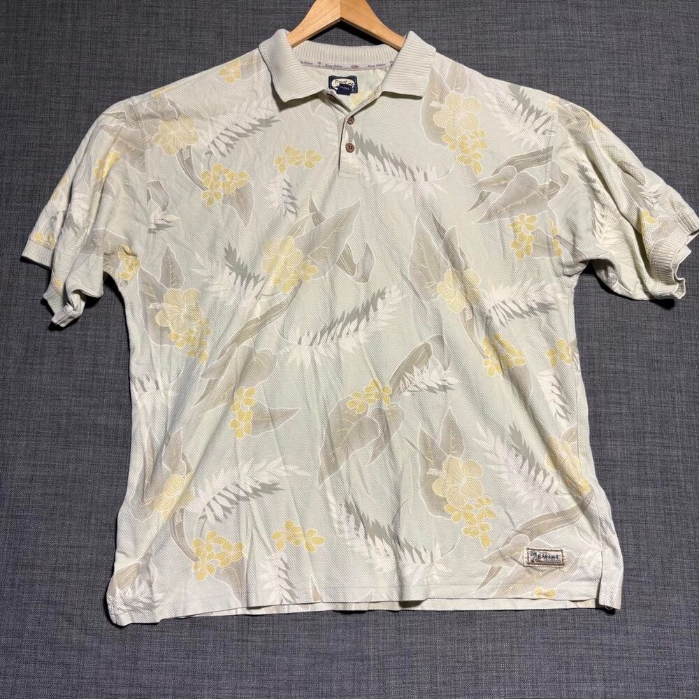Mens Tommy Bahama short sleeve polo shirt with yellow & gray floral and leaf pat